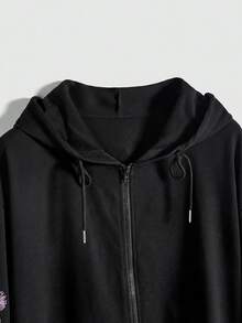 ROMWE Women Fall Winter Gothic Hippie Style Bindweed Butterfly Coiled Snake Thorn Tree Print Zip-Up Loose Drawstring Hoodie Sweatshirt - Black - View 4