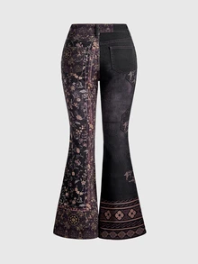 ROMWE Grunge Punk Spring/SummerflowerRetro Hippie Contrast Color Floral Print Super Low Waist Flare Jeans - Multicolor - View 2