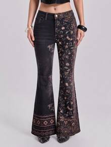 ROMWE Grunge Punk Spring/SummerflowerRetro Hippie Contrast Color Floral Print Super Low Waist Flare Jeans - Multicolor - View 3