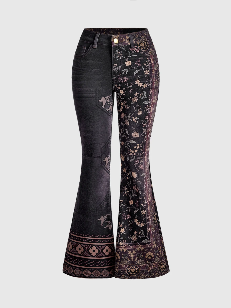 ROMWE Grunge Punk Spring/SummerflowerRetro Hippie Contrast Color Floral Print Super Low Waist Flare Jeans - Multicolor - View 1