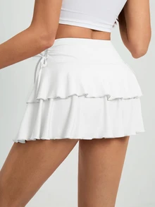 SHEIN Tall 女款純色側綁帶腰部層次休閒迷你裙，適合高個女性 - 白色 - 查看 3