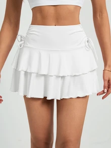 SHEIN Tall 女款純色側綁帶腰部層次休閒迷你裙，適合高個女性 - 白色 - 查看 10