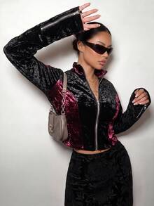 SHEIN ICON Women's Colorblock Zipper Casual Versatile Daily Travel Long Sleeve Jacket - Multicolor - View 4
