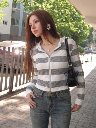 Sweetina Slouchy Style Sexy Striped Versatile Minimalist Relaxed Fit Zip-Up Sweatshirt