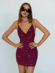 SHEIN ICON Women's Solid Color Plunging Neckline Rhinestone Decor Sexy Camisole Dress - Red - View 2