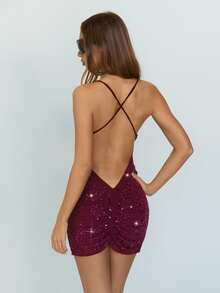 SHEIN ICON Women's Solid Color Plunging Neckline Rhinestone Decor Sexy Camisole Dress - Red - View 6
