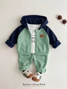 Cozy Pixies 男嬰冬季加厚兩件套，時尚 MBC 字母刺繡拼色落肩長袖保暖內裡拉鍊外套搭配彈性腰厚長褲，柔軟可愛極簡休閒風，適合戶外、日常休閒、開學季、玩雪、假期出遊 - 彩色 - 查看 6
