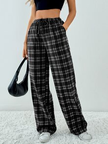 SHEIN Tall 高個女款格紋印花抽繩腰帶斜口袋寬鬆休閒寬腿長褲 - 黑色 - 查看 7