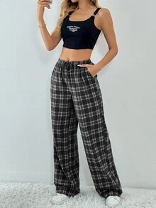 SHEIN Tall 高個女款格紋印花抽繩腰帶斜口袋寬鬆休閒寬腿長褲 - 黑色 - 查看 8