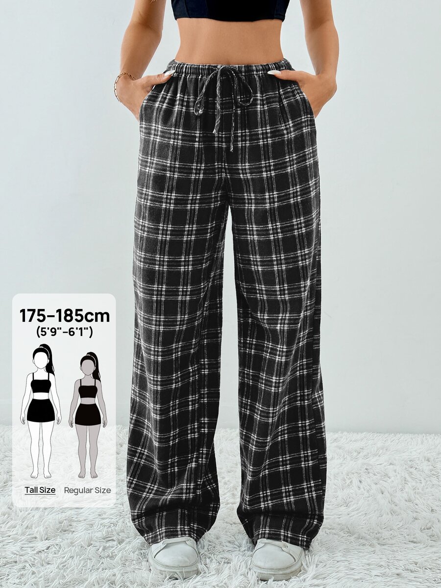 SHEIN Tall 高個女款格紋印花抽繩腰帶斜口袋寬鬆休閒寬腿長褲 - 黑色 - 查看 1