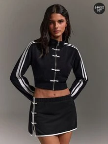 Athîral Women Soft Knit Color Block Stand Collar Long Sleeve Cropped Black Casual Fashion Sporty Frog Button Zip Jacket And Mini Skirt Set For Streetwear Fall - Black and White - View 6