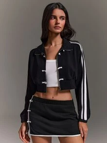 Athîral Women Soft Knit Color Block Stand Collar Long Sleeve Cropped Black Casual Fashion Sporty Frog Button Zip Jacket And Mini Skirt Set For Streetwear Fall - Black and White - View 4