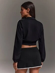 Athîral Women Soft Knit Color Block Stand Collar Long Sleeve Cropped Black Casual Fashion Sporty Frog Button Zip Jacket And Mini Skirt Set For Streetwear Fall - Black and White - View 3