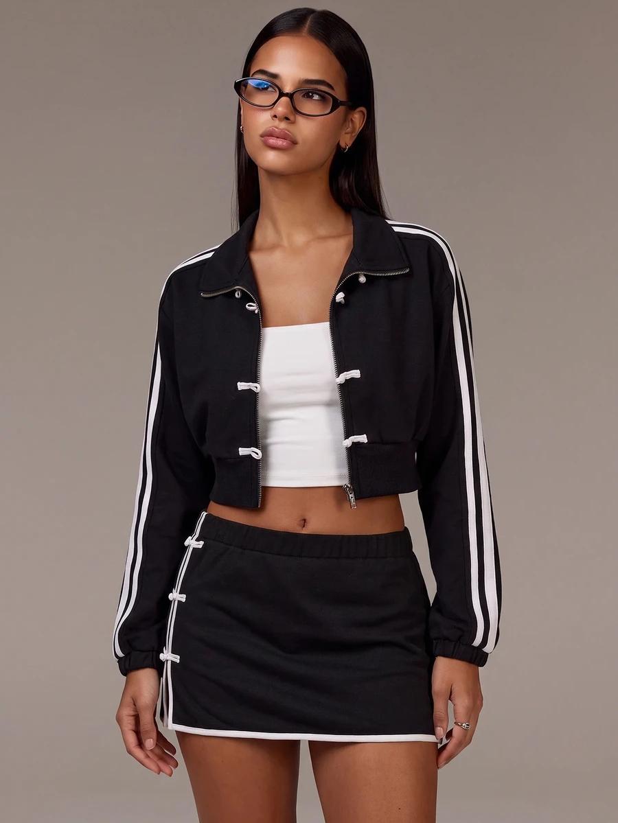 Athîral Women Soft Knit Color Block Stand Collar Long Sleeve Cropped Black Casual Fashion Sporty Frog Button Zip Jacket And Mini Skirt Set For Streetwear Fall - Black and White - View 1