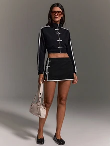 Athîral Women Soft Knit Color Block Stand Collar Long Sleeve Cropped Black Casual Fashion Sporty Frog Button Zip Jacket And Mini Skirt Set For Streetwear Fall - Black and White - View 2