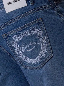 Emperor Men's Loose Wide Leg Washed Embroidered Graphic Baggy Denim Jeans Pants Vacation Casual Streetwear Daily Autumn Winter - Blue - View 6