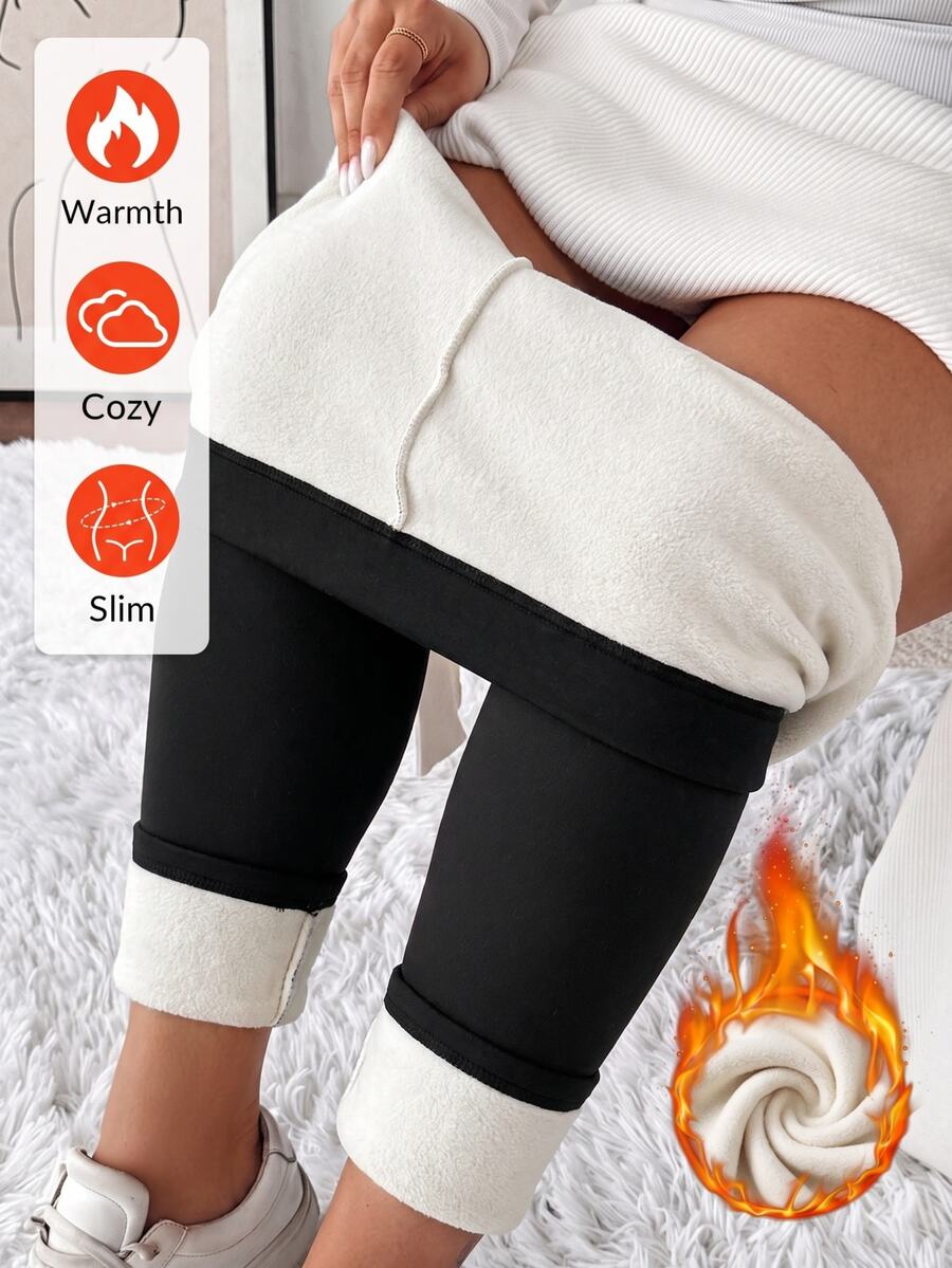 SHEIN CURVE+ سروال ضيق نسائي كبير بجيوب جانبية مطاطي بقصة ضيقة، نسخة شتوية سميكة - الأسود - مشاهدة 1