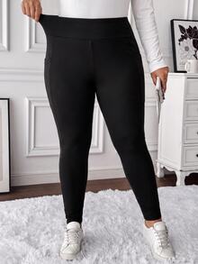 SHEIN CURVE+ سروال ضيق نسائي كبير بجيوب جانبية مطاطي بقصة ضيقة، نسخة شتوية سميكة - الأسود - مشاهدة 5