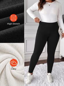 SHEIN CURVE+ سروال ضيق نسائي كبير بجيوب جانبية مطاطي بقصة ضيقة، نسخة شتوية سميكة - الأسود - مشاهدة 3