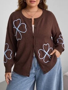 SHEIN CURVE+ كارديجان محبوك فضفاض كاجوال بأكمام طويلة ونقشة زهور للنساء مقاسات كبيرة للخريف/الشتاء - بني - مشاهدة 1