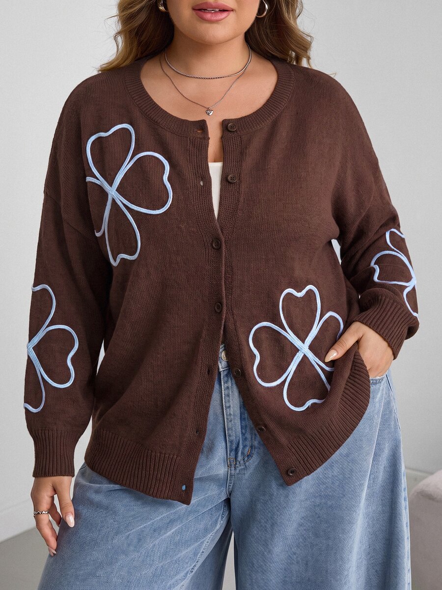 SHEIN CURVE+ كارديجان محبوك فضفاض كاجوال بأكمام طويلة ونقشة زهور للنساء مقاسات كبيرة للخريف/الشتاء - بني - مشاهدة 1