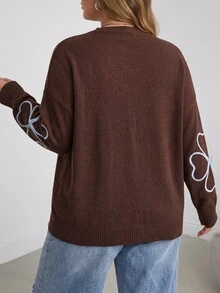 SHEIN CURVE+ كارديجان محبوك فضفاض كاجوال بأكمام طويلة ونقشة زهور للنساء مقاسات كبيرة للخريف/الشتاء - بني - مشاهدة 2