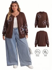 SHEIN CURVE+ كارديجان محبوك فضفاض كاجوال بأكمام طويلة ونقشة زهور للنساء مقاسات كبيرة للخريف/الشتاء - بني - مشاهدة 4