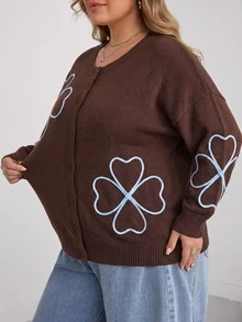 SHEIN CURVE+ كارديجان محبوك فضفاض كاجوال بأكمام طويلة ونقشة زهور للنساء مقاسات كبيرة للخريف/الشتاء - بني - مشاهدة 5