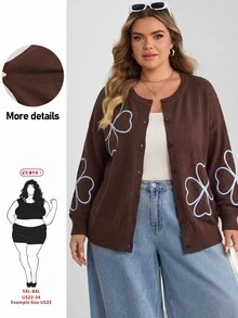 SHEIN CURVE+ كارديجان محبوك فضفاض كاجوال بأكمام طويلة ونقشة زهور للنساء مقاسات كبيرة للخريف/الشتاء - بني - مشاهدة 3