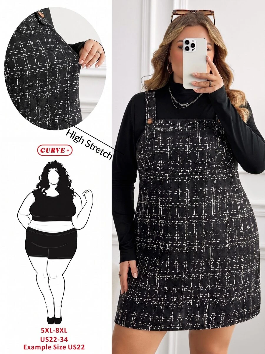 SHEIN CURVE+ Plus Size Women's Casual Black Strap Dress With Pockets - Black and White - View 1