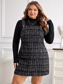 SHEIN CURVE+ Plus Size Women's Casual Black Strap Dress With Pockets - Black and White - View 5
