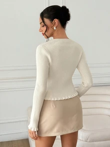 SHEIN Women's Cream White Soft Ribbed Ruffle Trim Knit Cardigan, French Sweet Casual Bow Tie Slim Fit Cropped Jacket, Suitable For Commute, Date, Vacation, Street Style - Beige - View 2