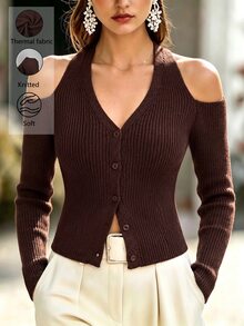 SHEIN Spring/Autumn Women's Halter Neck Slim Fit Cold Shoulder Cardigan Brunch Dark Brown Casual Elegant - Brown - View 4