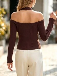 SHEIN Spring/Autumn Women's Halter Neck Slim Fit Cold Shoulder Cardigan Brunch Dark Brown Casual Elegant - Brown - View 2