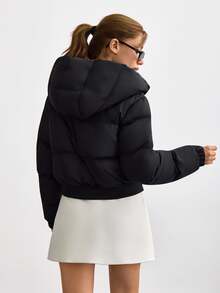 SHEIN Women Long Sleeve Hooded Short Casual Streetwear Basic Minimalist Jacket For Fall Winter Going Out Everyday Travel Night Black - Black - View 3