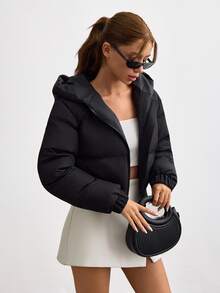 SHEIN Women Long Sleeve Hooded Short Casual Streetwear Basic Minimalist Jacket For Fall Winter Going Out Everyday Travel Night Black - Black - View 4