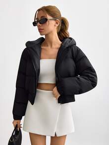 SHEIN Women Long Sleeve Hooded Short Casual Streetwear Basic Minimalist Jacket For Fall Winter Going Out Everyday Travel Night Black - Black - View 5