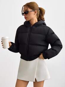 SHEIN Women Long Sleeve Hooded Short Casual Streetwear Basic Minimalist Jacket For Fall Winter Going Out Everyday Travel Night Black - Black - View 6