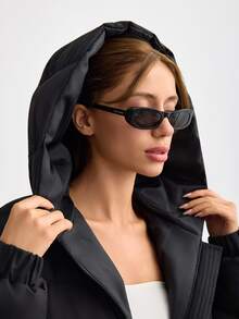 SHEIN Women Long Sleeve Hooded Short Casual Streetwear Basic Minimalist Jacket For Fall Winter Going Out Everyday Travel Night Black - Black - View 9