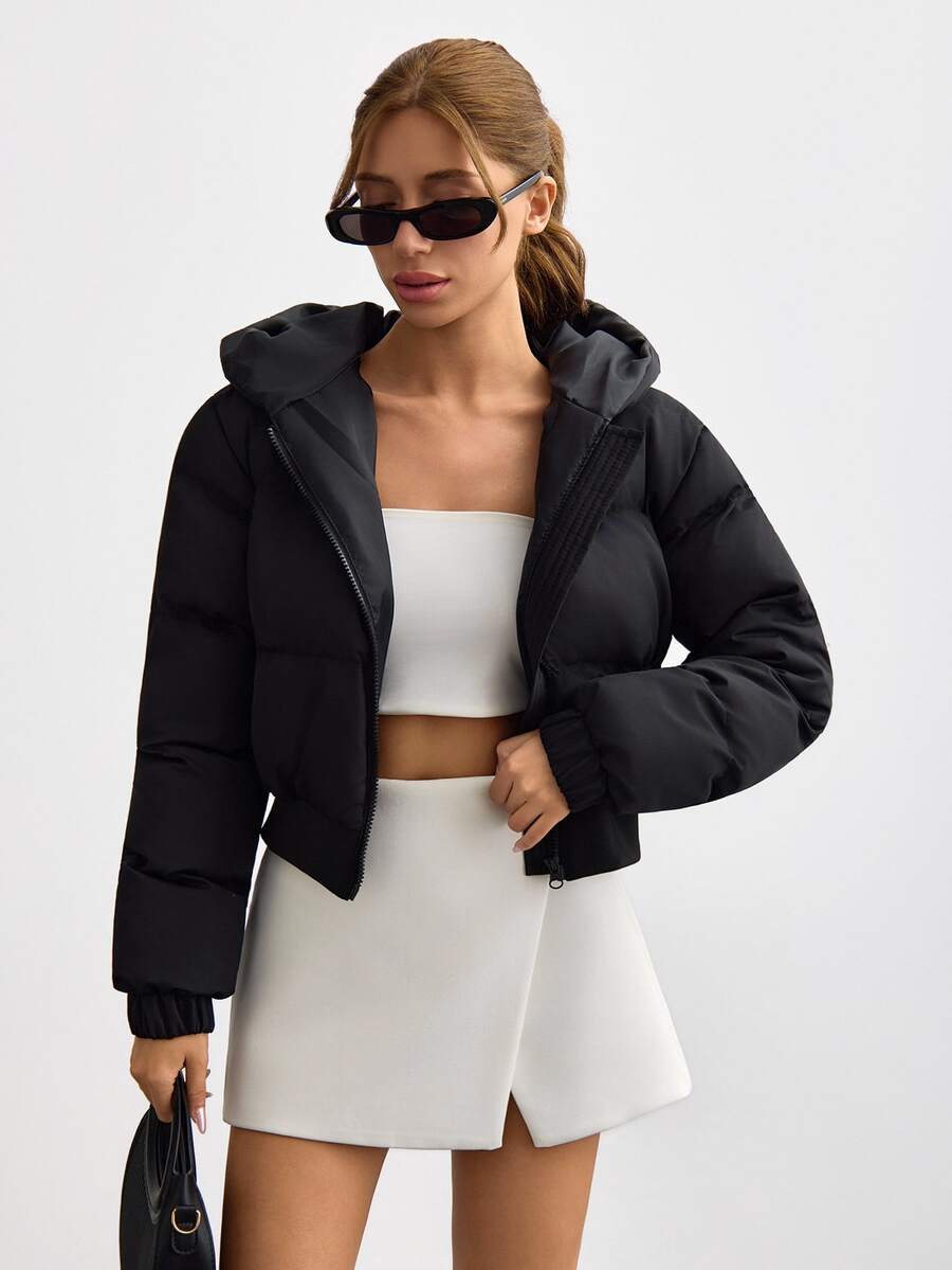 SHEIN Women Long Sleeve Hooded Short Casual Streetwear Basic Minimalist Jacket For Fall Winter Going Out Everyday Travel Night Black