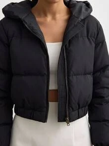 SHEIN Women Long Sleeve Hooded Short Casual Streetwear Basic Minimalist Jacket For Fall Winter Going Out Everyday Travel Night Black - Black - View 7
