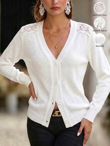 Breezaya Autumn/Winter New Unique Lace Design Slim Fit Flattering Women's Thin Cardigan Teachers' Day Brunch Office White French Elegant Casual - White - View 6