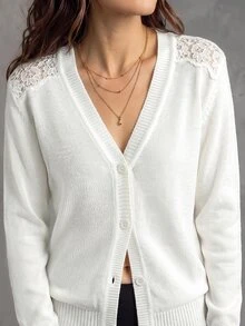 Breezaya Autumn/Winter New Unique Lace Design Slim Fit Flattering Women's Thin Cardigan Teachers' Day Brunch Office White French Elegant Casual - White - View 5