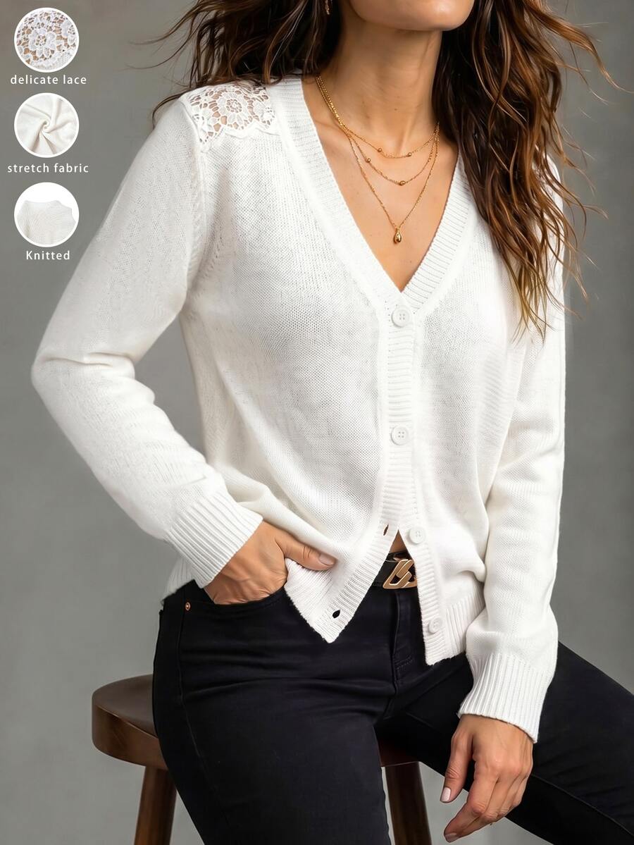 Breezaya Autumn/Winter New Unique Lace Design Slim Fit Flattering Women's Thin Cardigan Teachers' Day Brunch Office White French Elegant Casual - White - View 1