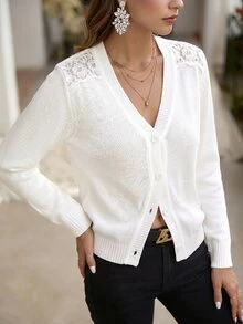 Breezaya Autumn/Winter New Unique Lace Design Slim Fit Flattering Women's Thin Cardigan Teachers' Day Brunch Office White French Elegant Casual - White - View 3