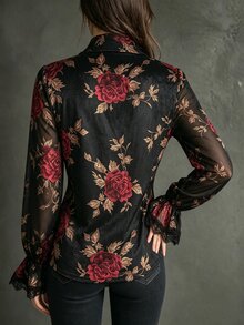LUMIGAL Vintage Lace Embroidered Velvet Rose Print Lantern Sleeve Blouse - Red and Black - View 2