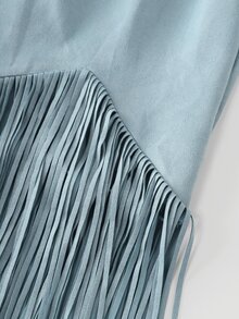 LUMIGAL 【印花設計】復古西部風仿麂皮V領長袖中長洋裝，附流蘇與刺繡印花 - 藍色 - 查看 5