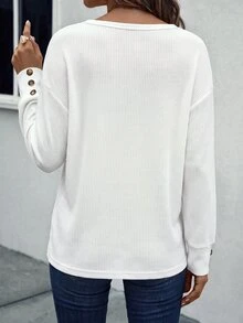 SHEIN LUNE 女款純色V領休閒百搭日常穿著T恤 - 白色 - 查看 2