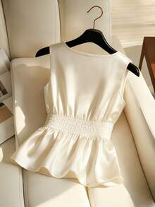 Franclia Women's Elegant Pearl Waist Square Neck Sleeveless Peplum Satin Top,Cream White Summer Wedding Guest Dressy Shirt Ivory Dress - Apricot - View 2