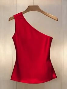 Franclia 优雅时尚斜领褶裥饰边纽扣装饰女式上衣 - 紅色 - 查看 2